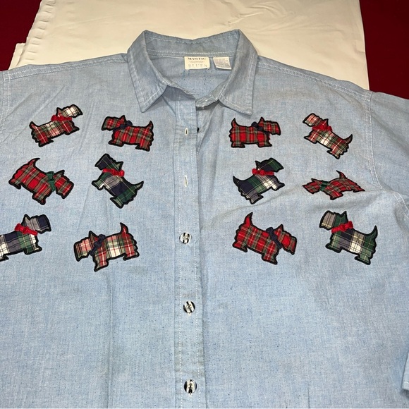 Scottish DOG tartan plaid Jean shirt Embroidered Long Sleeve Button Shirt 18W 2X - Picture 12 of 13